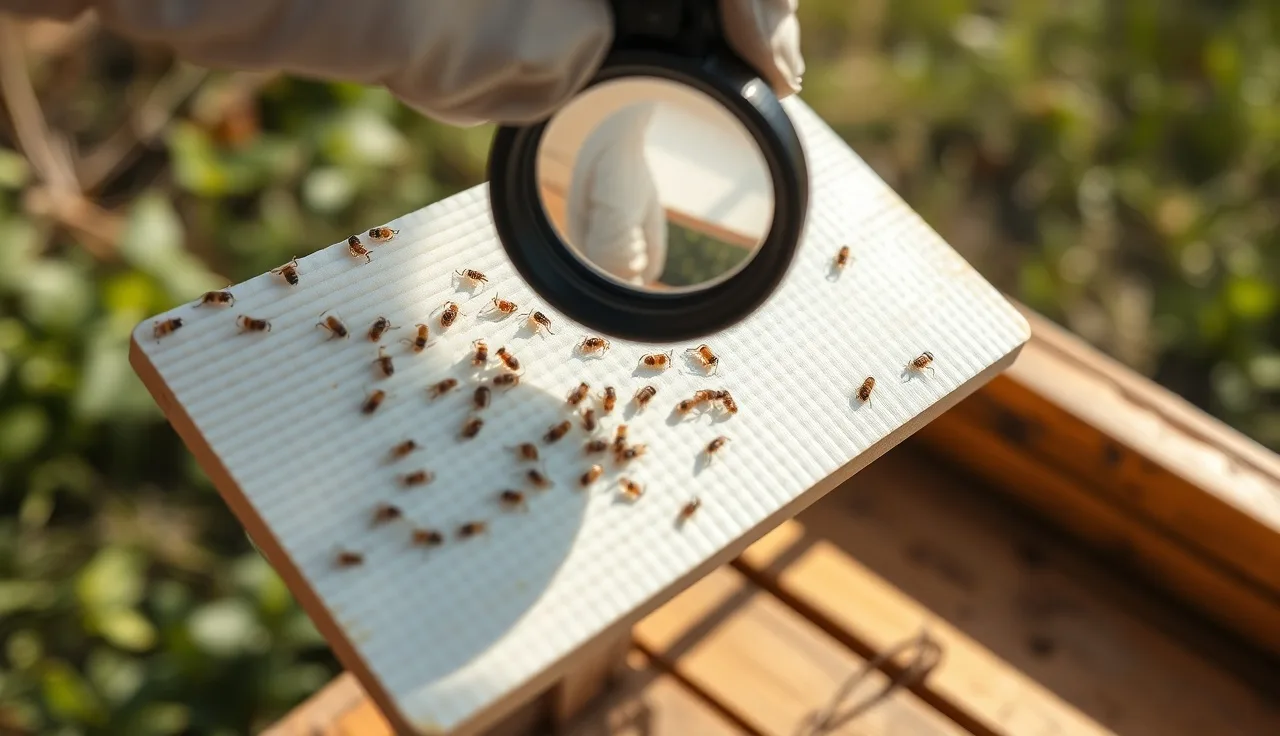 Beekeeper examining dead varroa mites on a white sticky board with a magnifying loupe