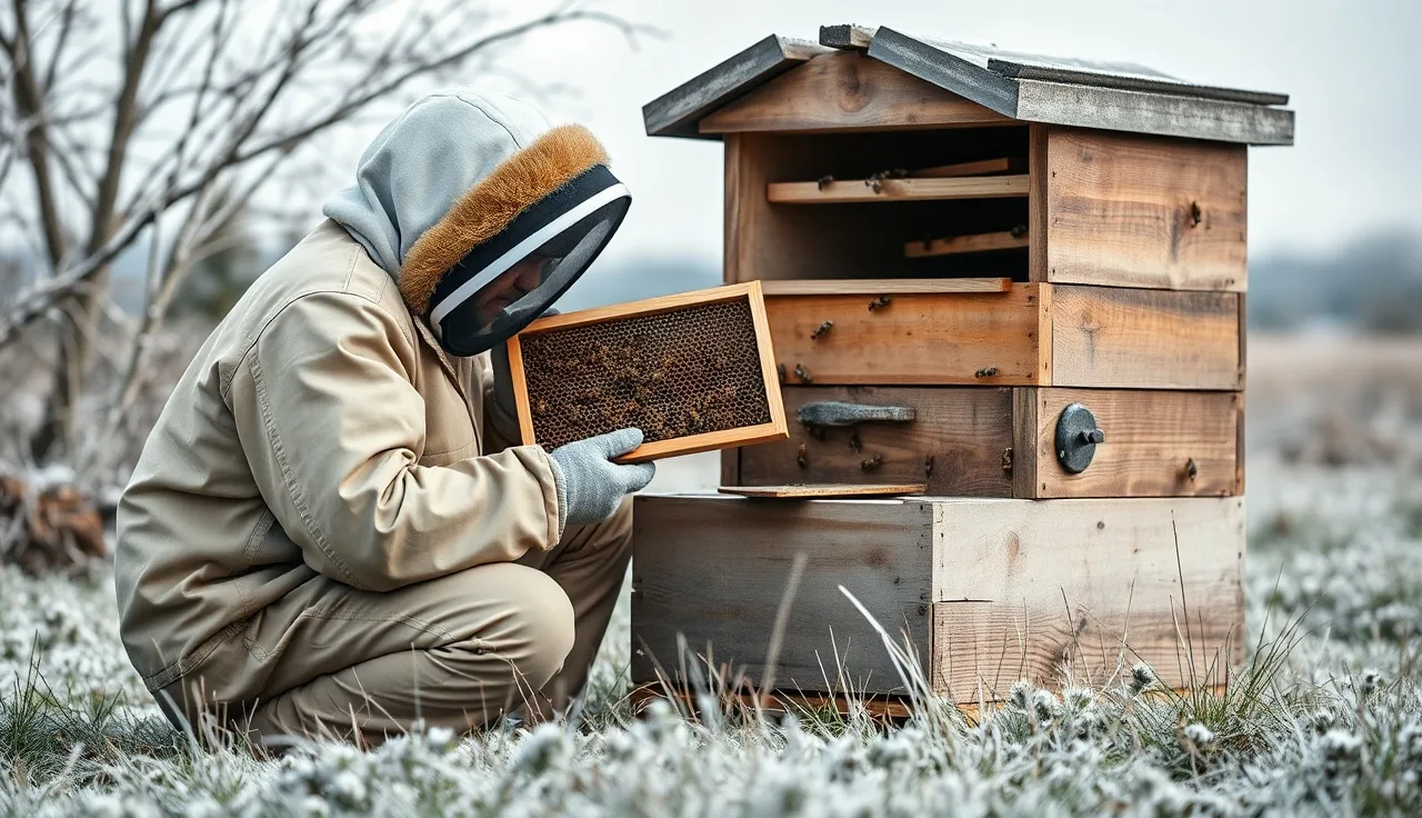 Beekeeper inspecting a brood frame for capped cells on a cold December morning