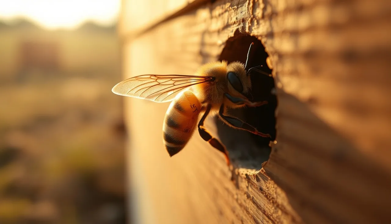 Honey bee with crumpled deformed wings at wooden hive entrance showing DWV symptoms