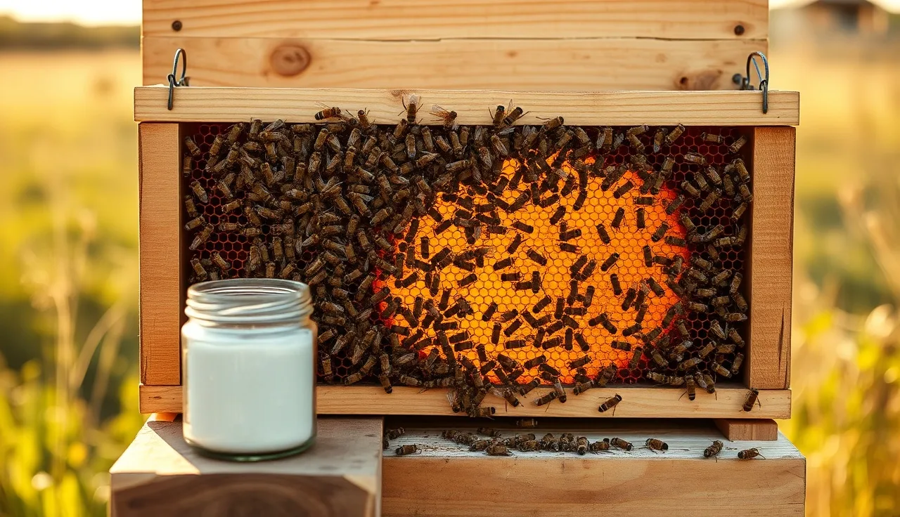 Open beehive frame with bees and jar of white powder on hive stand