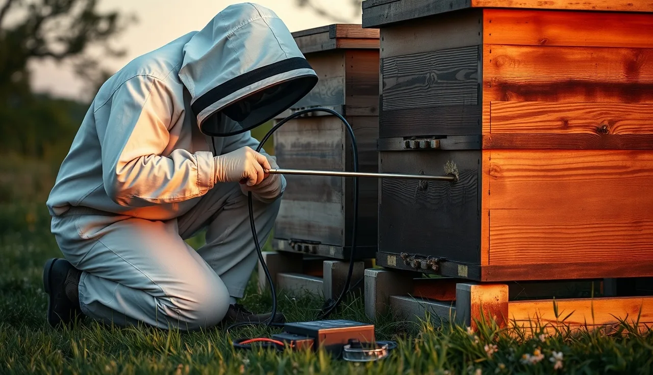 Beekeeper using an oxalic acid vaporizer wand at a beehive entrance at dusk