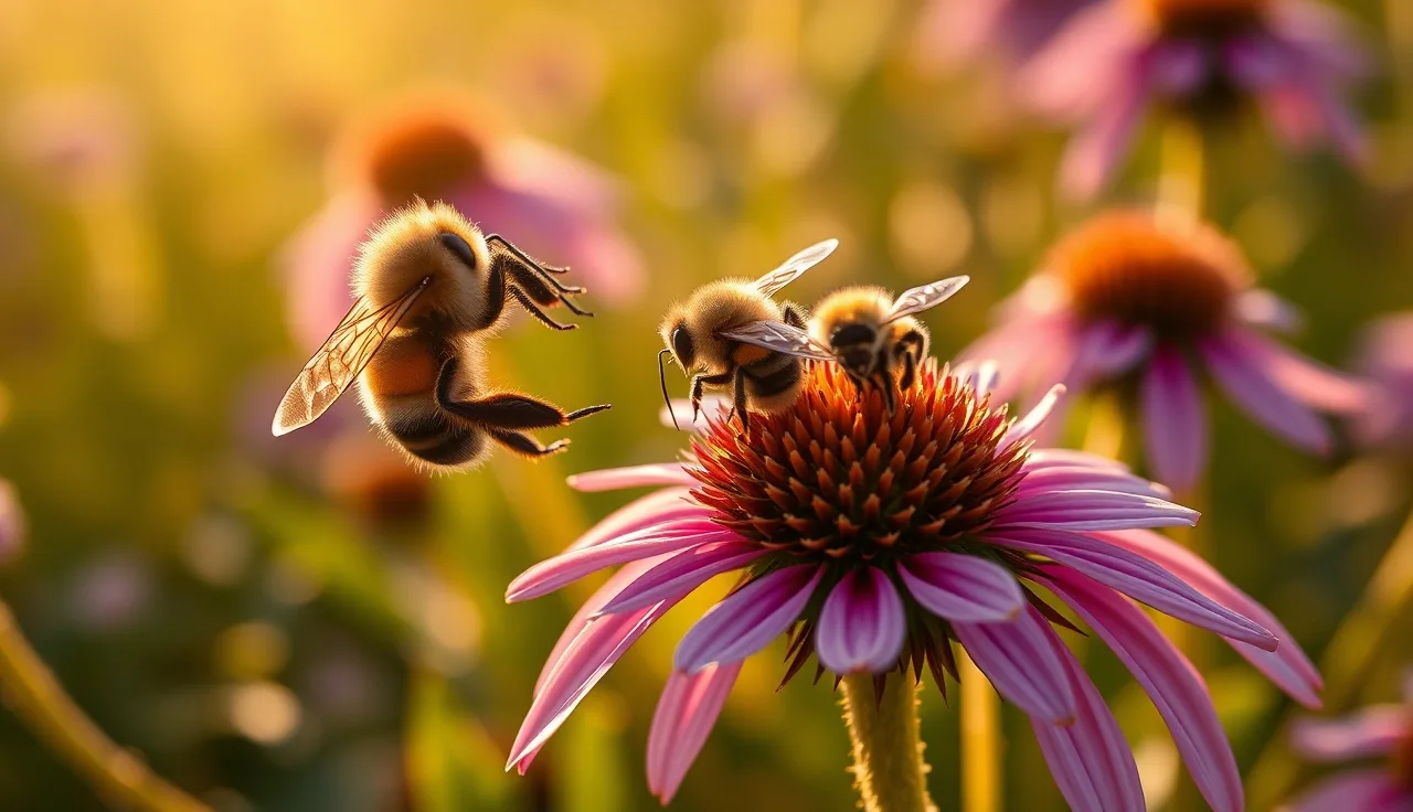 Bumblebee and honey bee sharing a coneflower bloom in a summer meadow