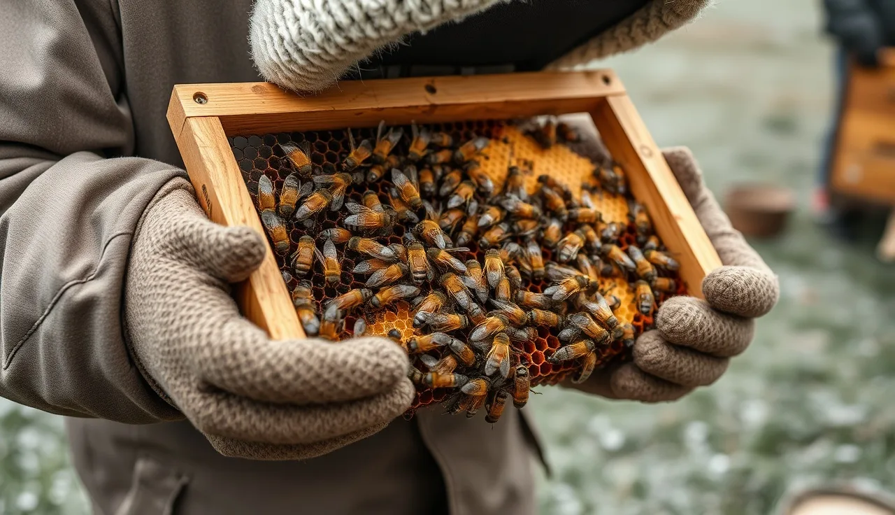Beekeeper inspecting a winter bee cluster on honeycomb in cold weather