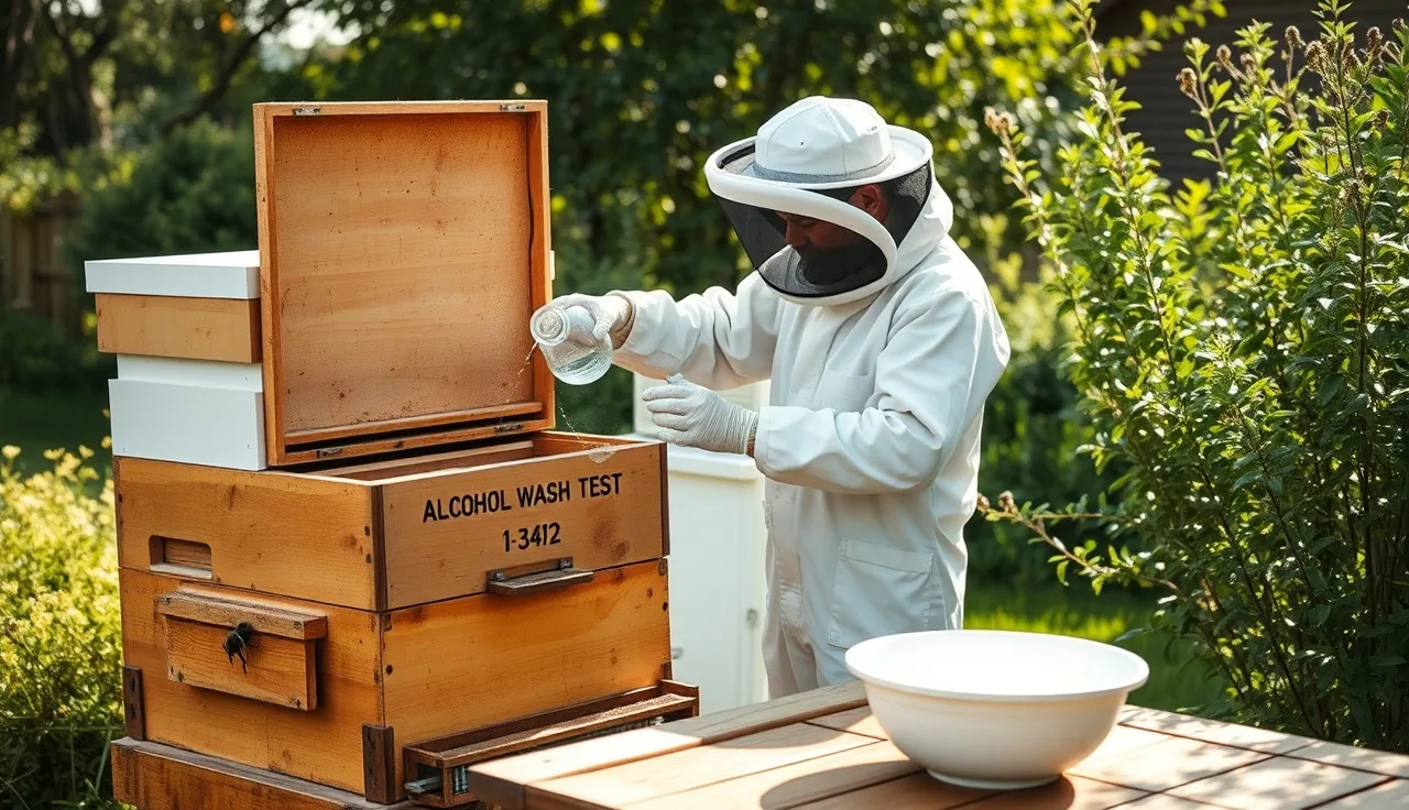 Beekeeper performing an alcohol wash mite count test beside an open beehive