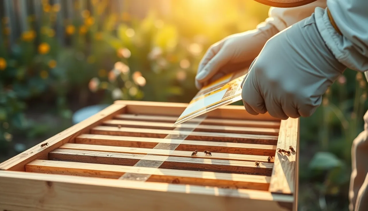 Beekeeper placing formic acid treatment strip on honey bee hive frames