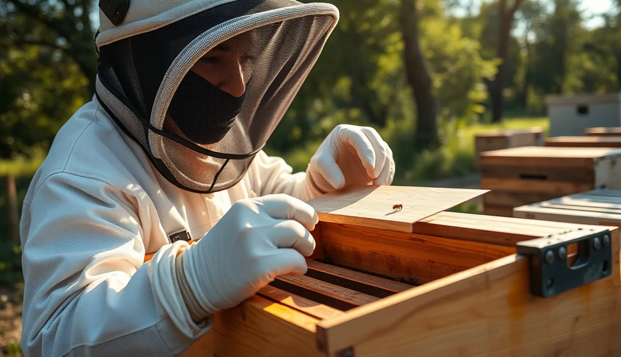 Beekeeper placing a formic acid varroa treatment strip on hive top bars