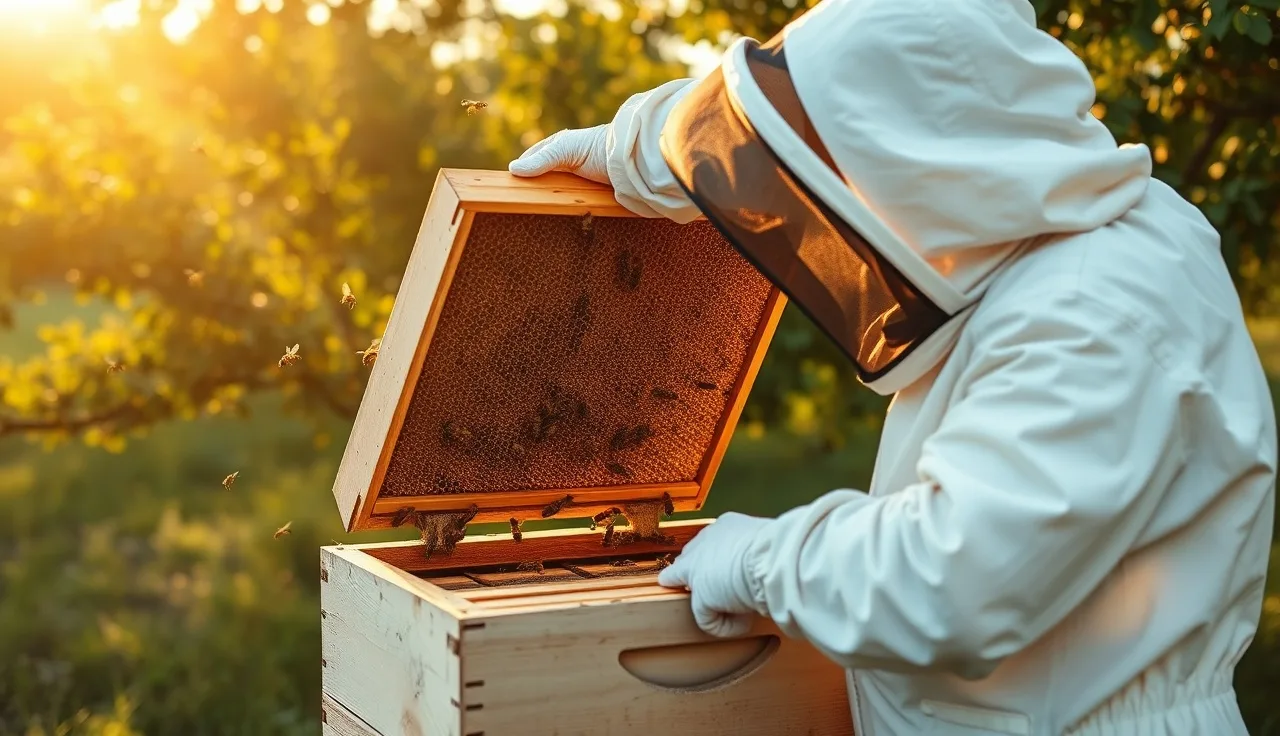 Beekeeper removing honey super from hive before oxalic acid varroa treatment
