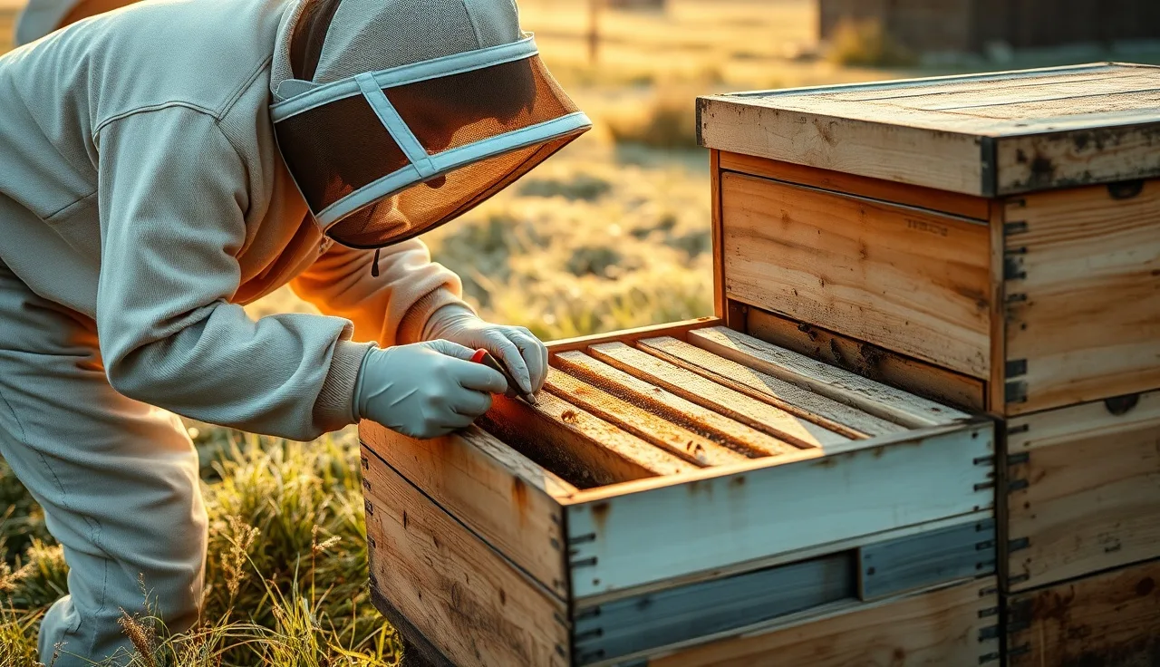Beekeeper applying oxalic acid treatment to open hive in early morning light
