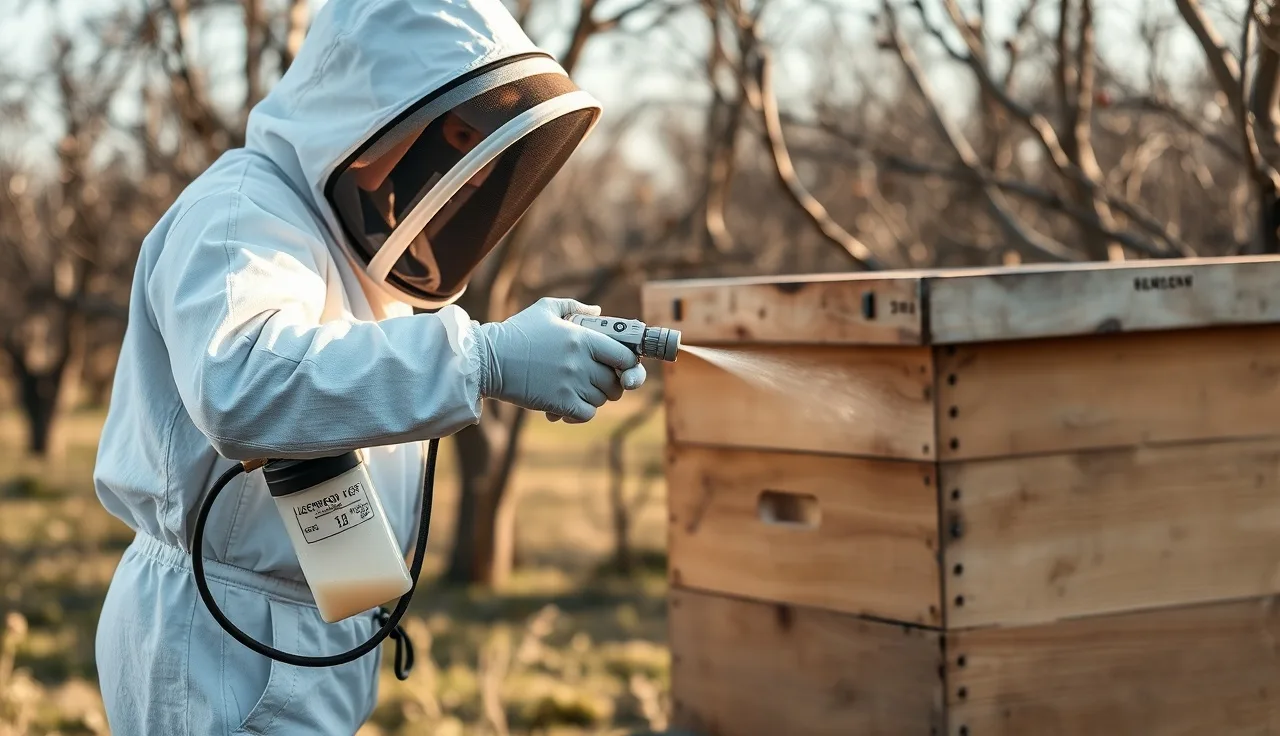 Beekeeper using oxalic acid vaporizer at a wooden hive in winter orchard