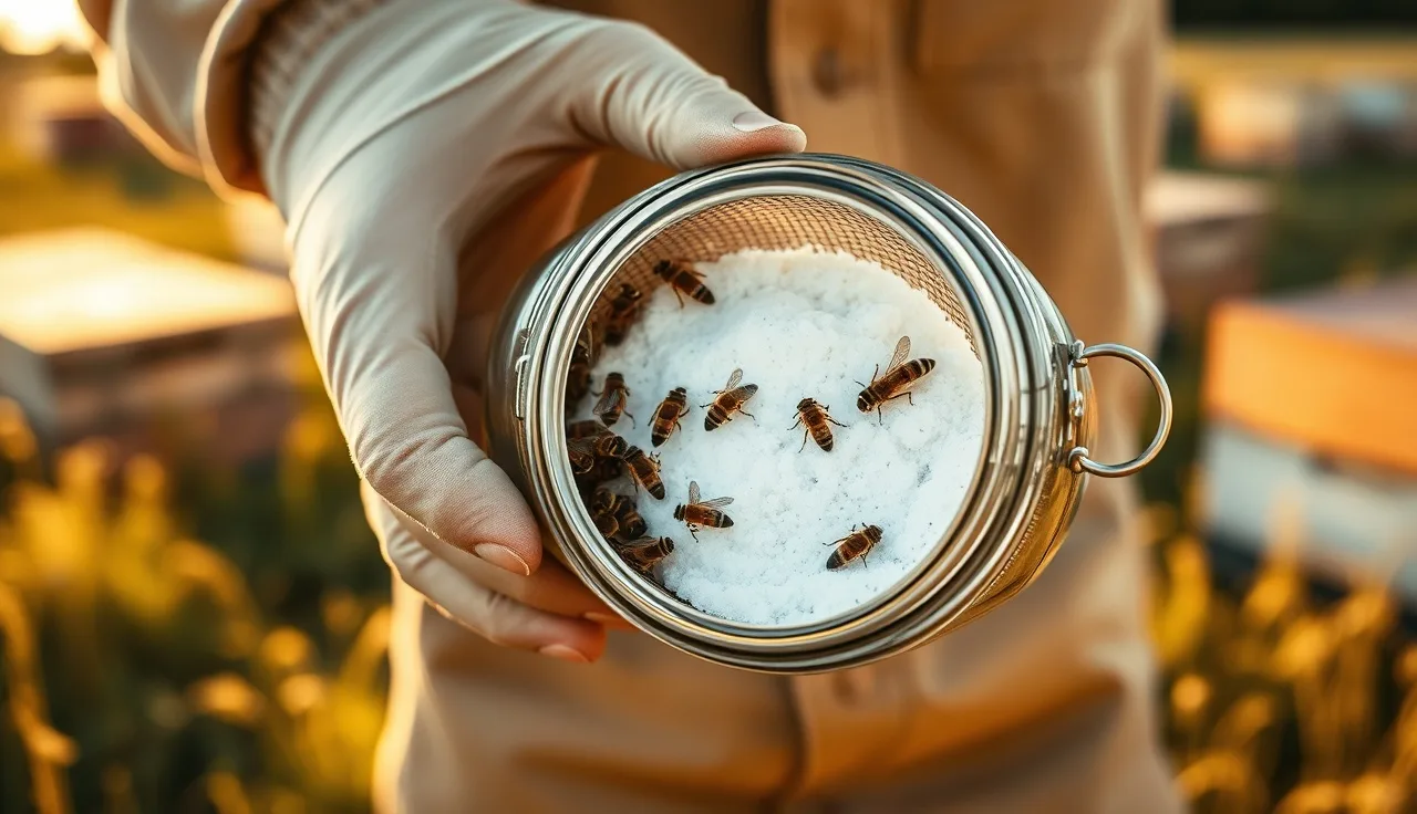 Beekeeper's hand holding a double screen mason jar varroa mite counter with bees inside