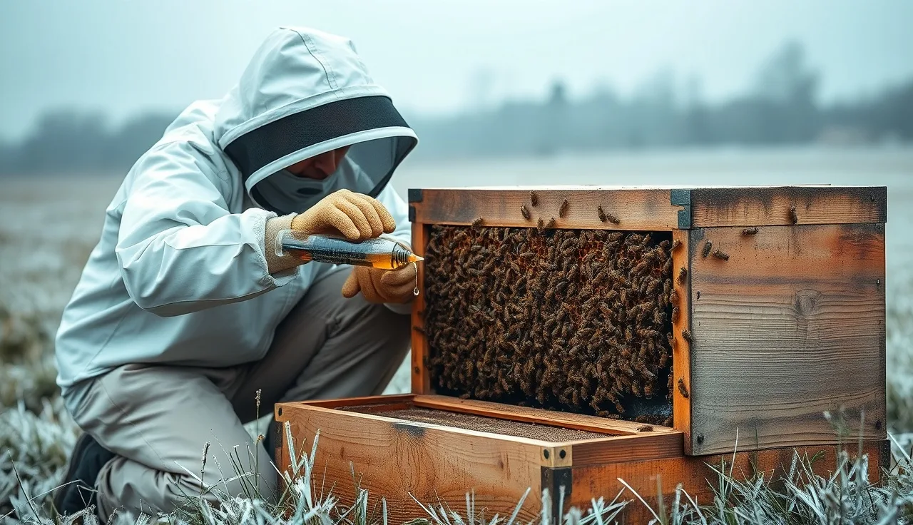 Beekeeper applying oxalic acid dribble treatment to a winter bee colony between frames