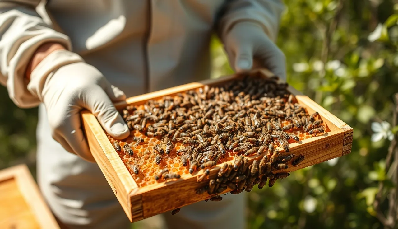 Beekeeper holding a capped drone brood frame in a spring apiary for varroa removal
