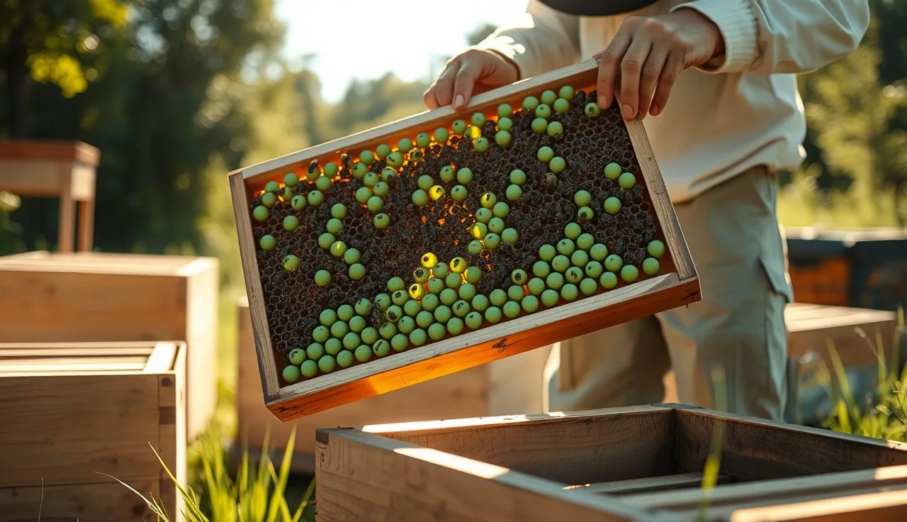 Beekeeper holding a green drone trapping frame above an open hive in an apiary