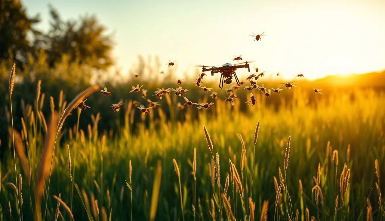 Drone congregation area with honey bee drones hovering above summer meadow
