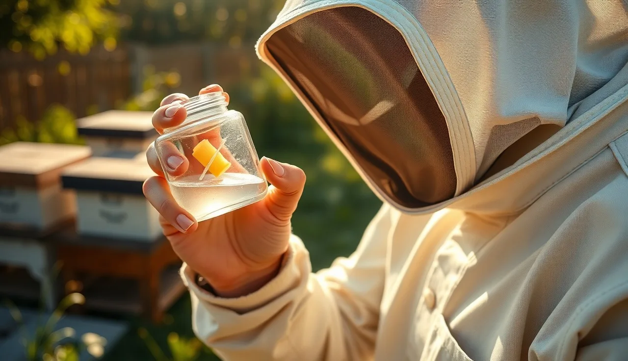 Beekeeper examining an alcohol wash mite counter near hive boxes