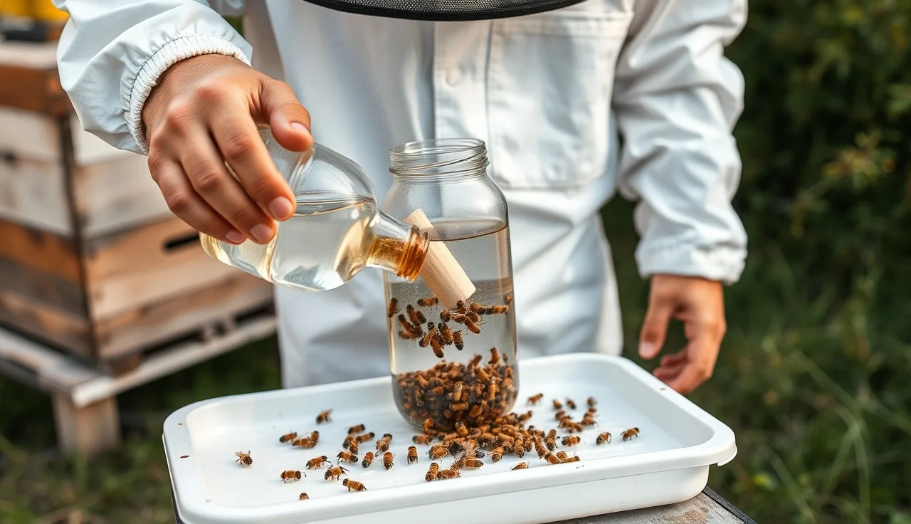 Beekeeper conducting an alcohol wash mite count over a white tray next to beehives