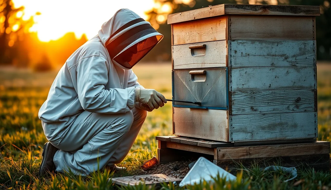 Beekeeper performing oxalic acid vaporization treatment on a hive at dusk