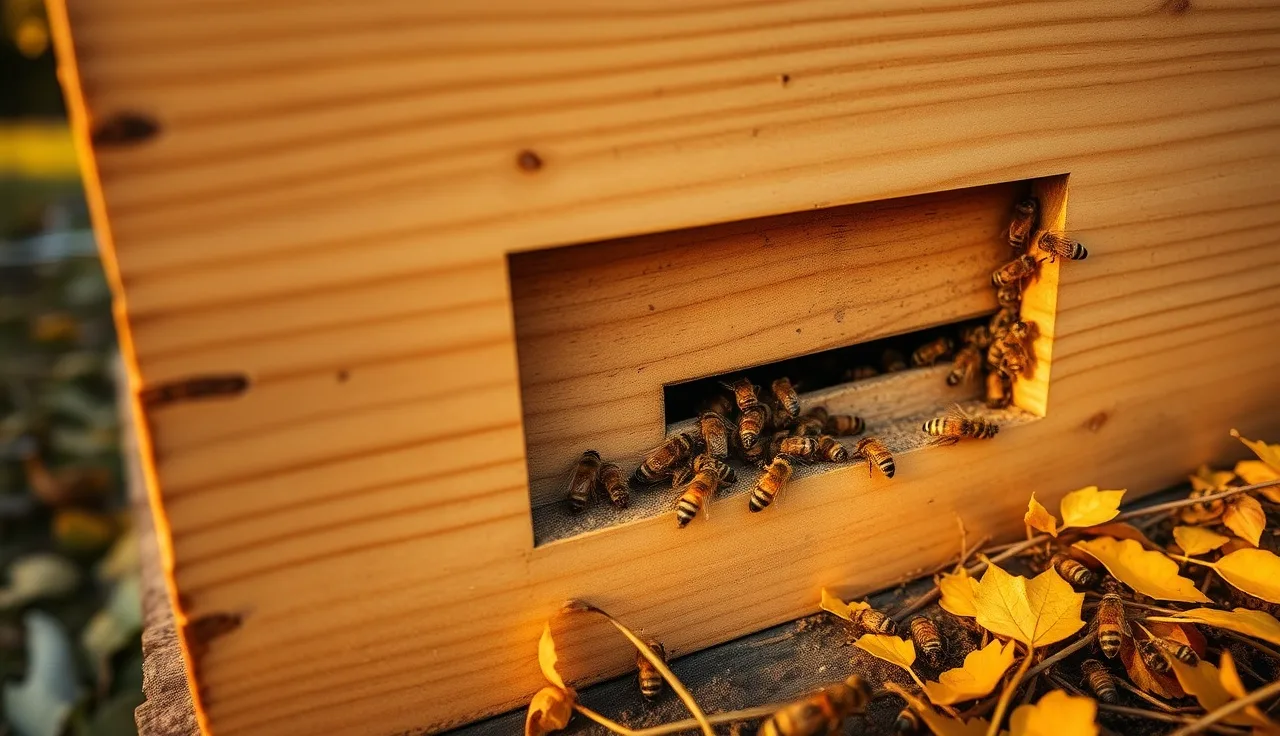 Wooden entrance reducer on a Langstroth hive with bees at narrow opening in autumn
