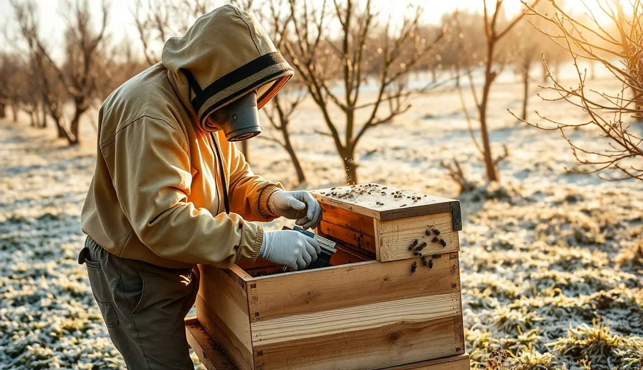 Beekeeper in protective gear applying oxalic acid treatment to a winter hive