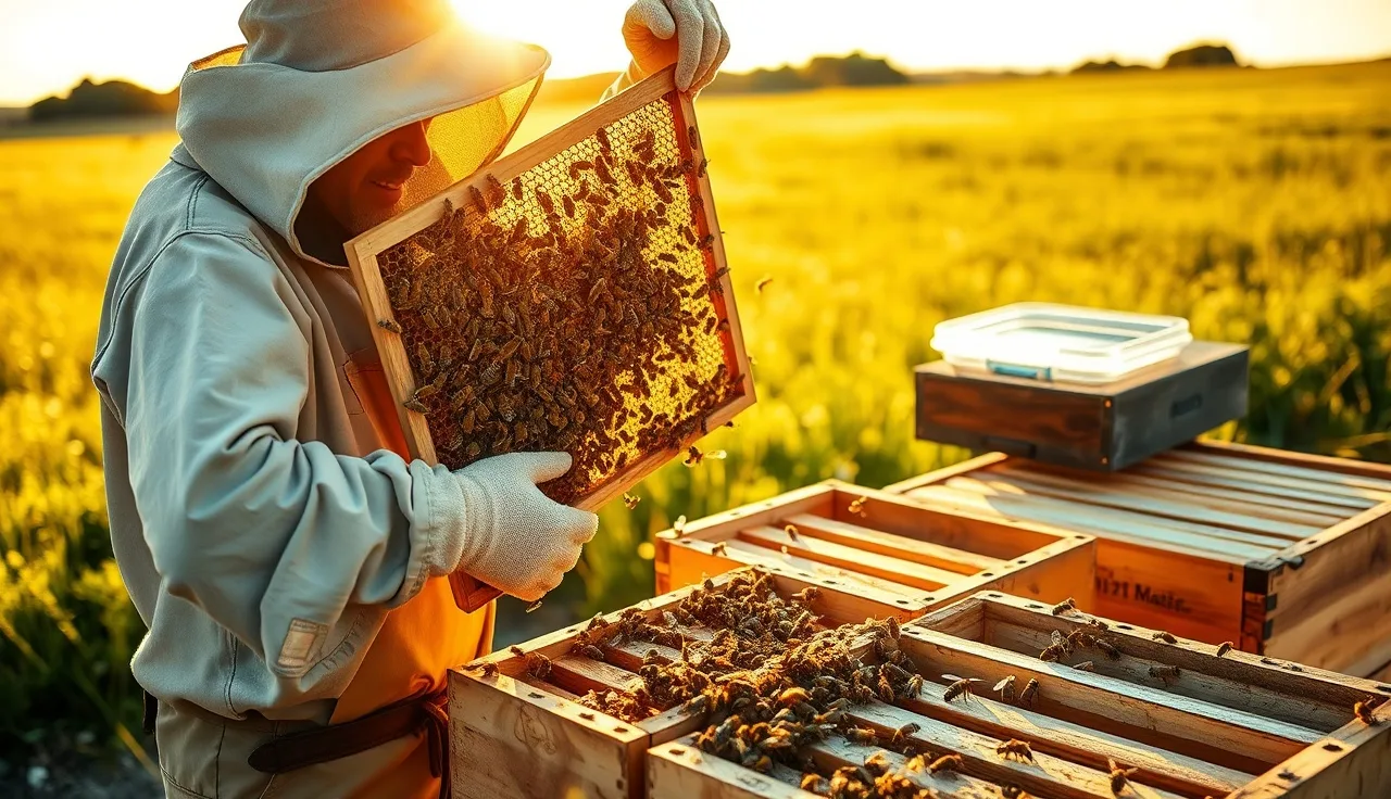 Beekeeper holding a brood frame above an open hive with thymol gel treatment tray visible