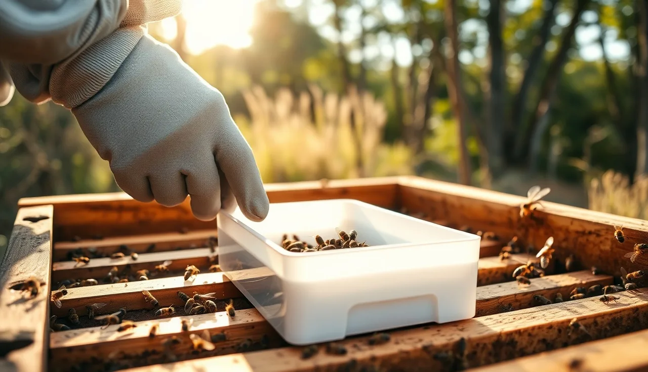 Beekeeper placing thymol treatment tray on top bars inside open beehive