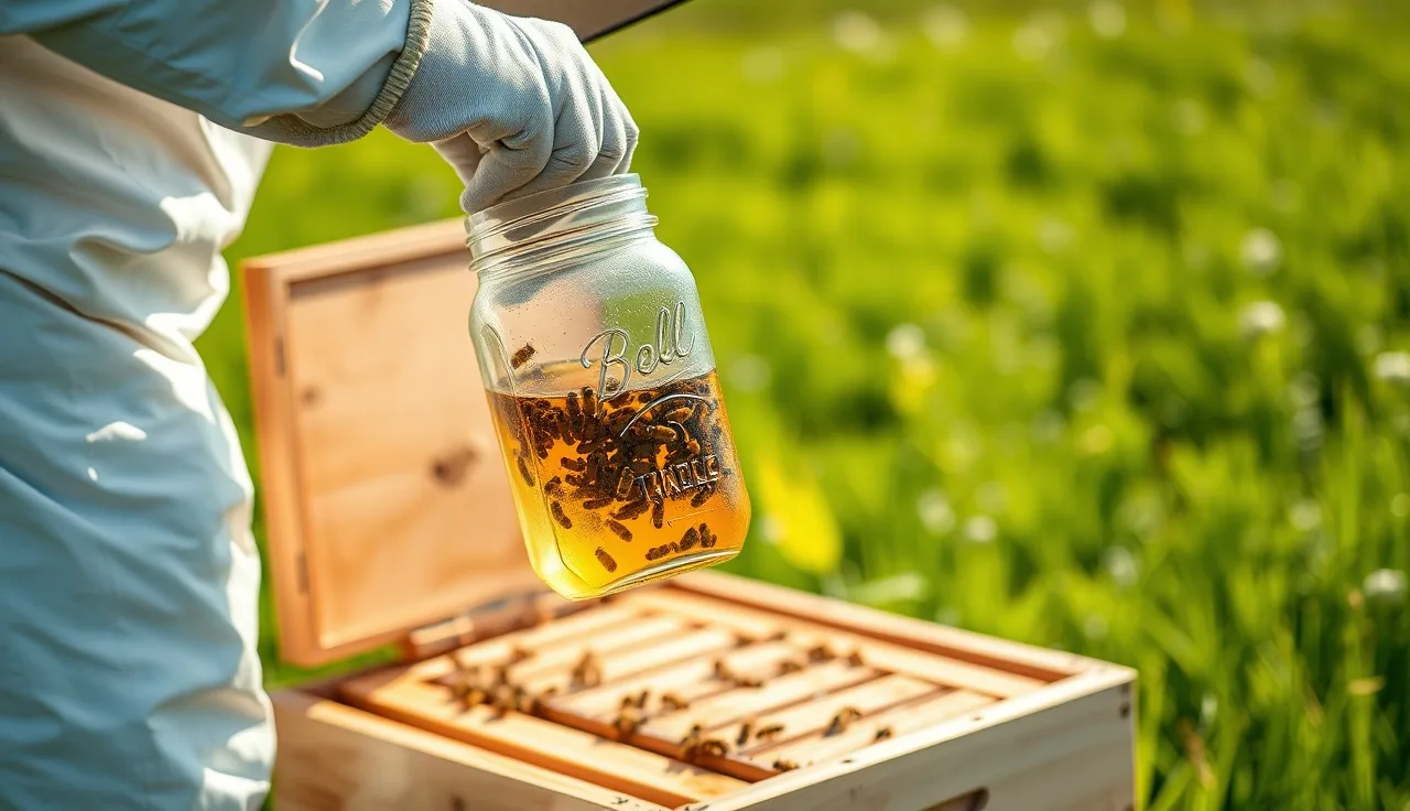 Beekeeper holding alcohol wash jar over open hive box during varroa mite monitoring