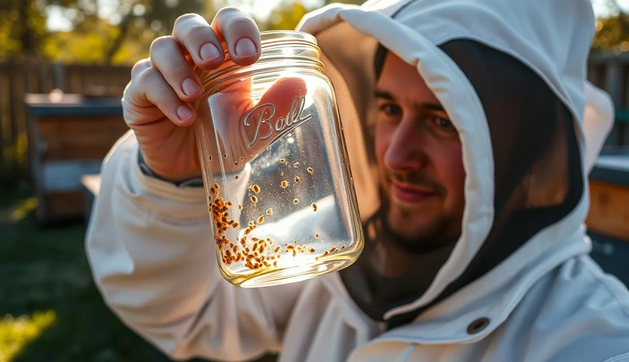 Beekeeper examining a glass jar for varroa mites at a backyard apiary