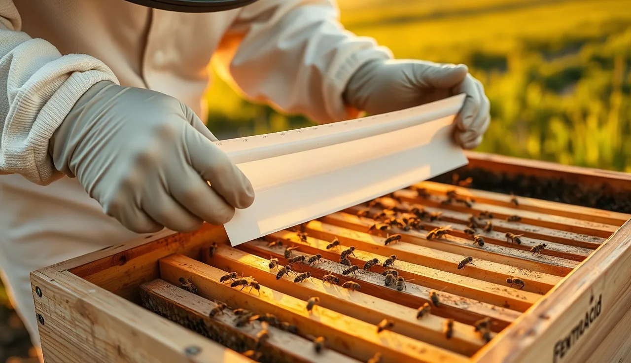 Beekeeper placing extended-release formic acid strip on hive frames for varroa mite treatment