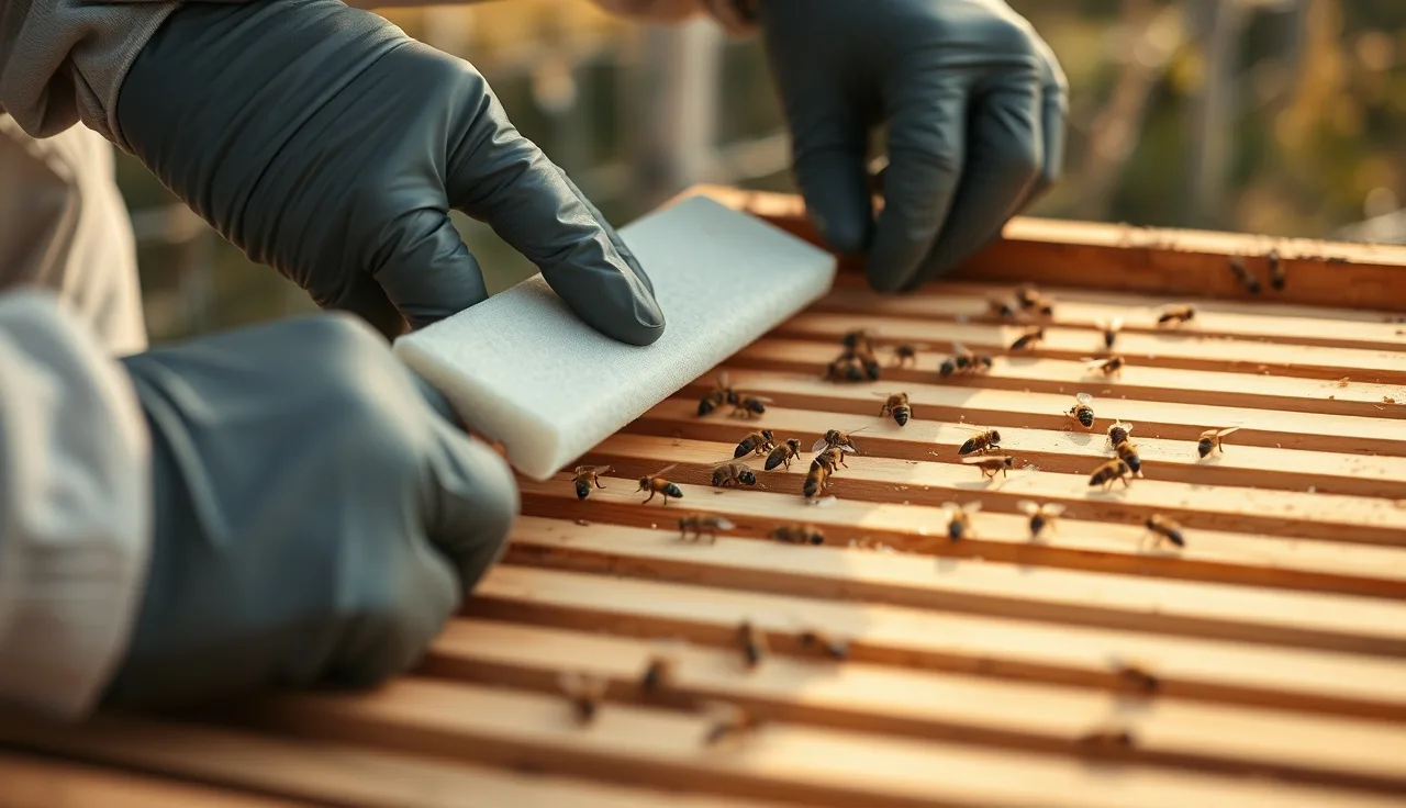 Gloved hands placing an oxalic acid glycerin patty strip across Langstroth brood frames