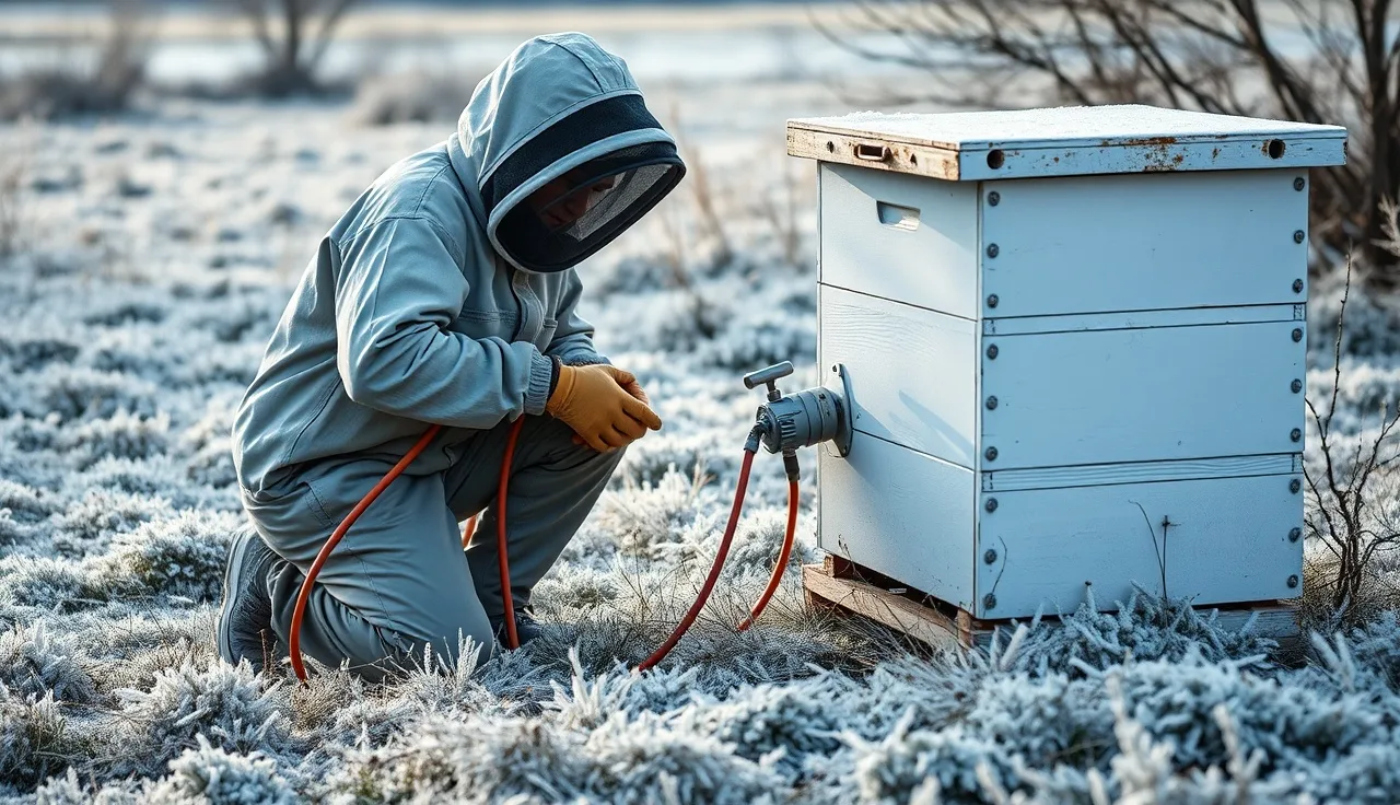 Beekeeper connecting extension cord to oxalic acid vaporizer beside hive on frosty morning