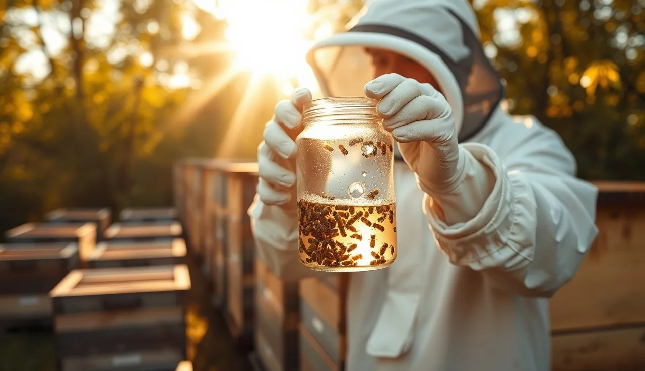 Beekeeper performing an alcohol wash varroa mite test beside fall hives