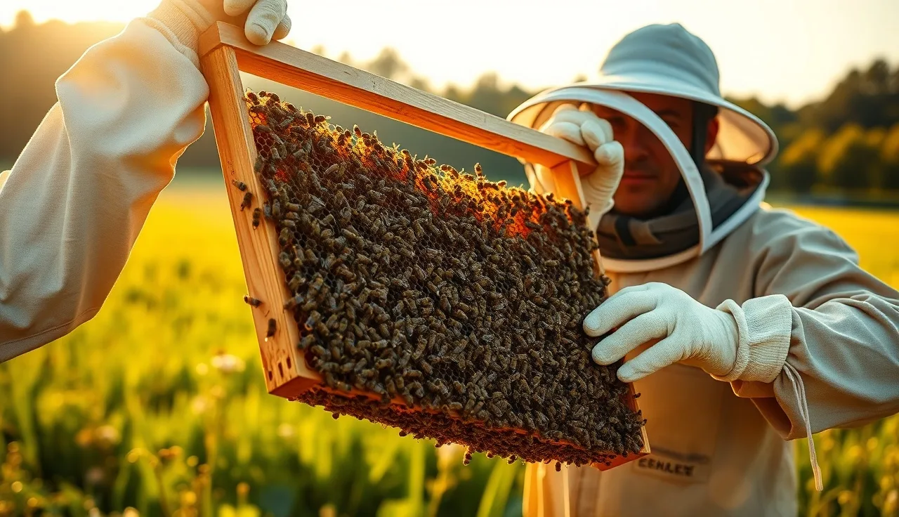 Beekeeper inspecting a brood frame in late summer to assess varroa mite levels before fall treatment deadline