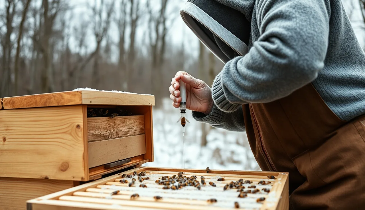Beekeeper dribbling oxalic acid solution into a hive on a cold February morning
