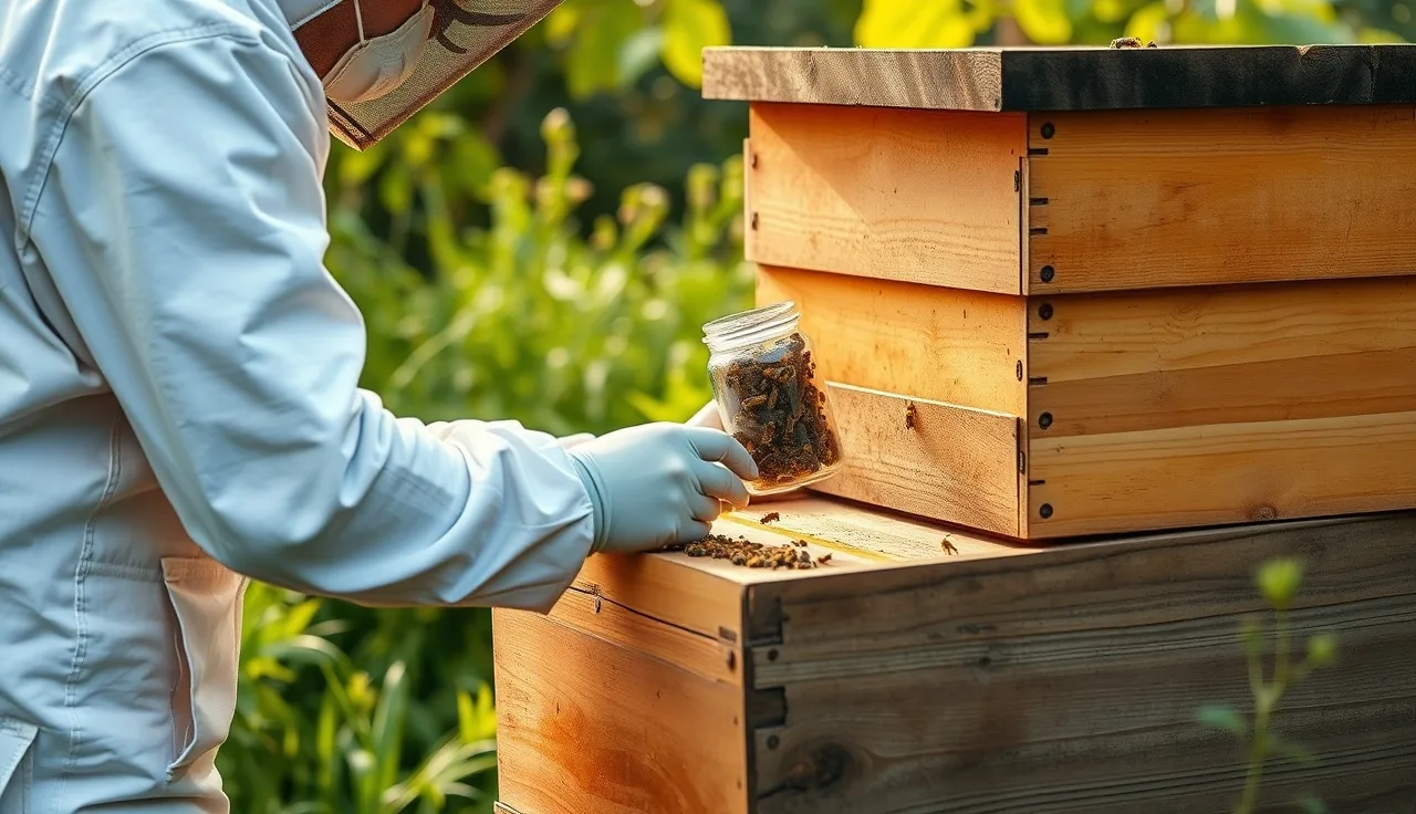 Beekeeper performing an alcohol wash varroa mite test beside a wooden hive