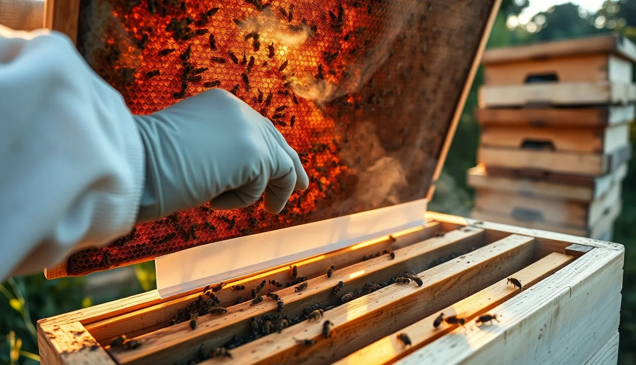 Beekeeper placing a flumethrin treatment strip between brood frames inside a hive