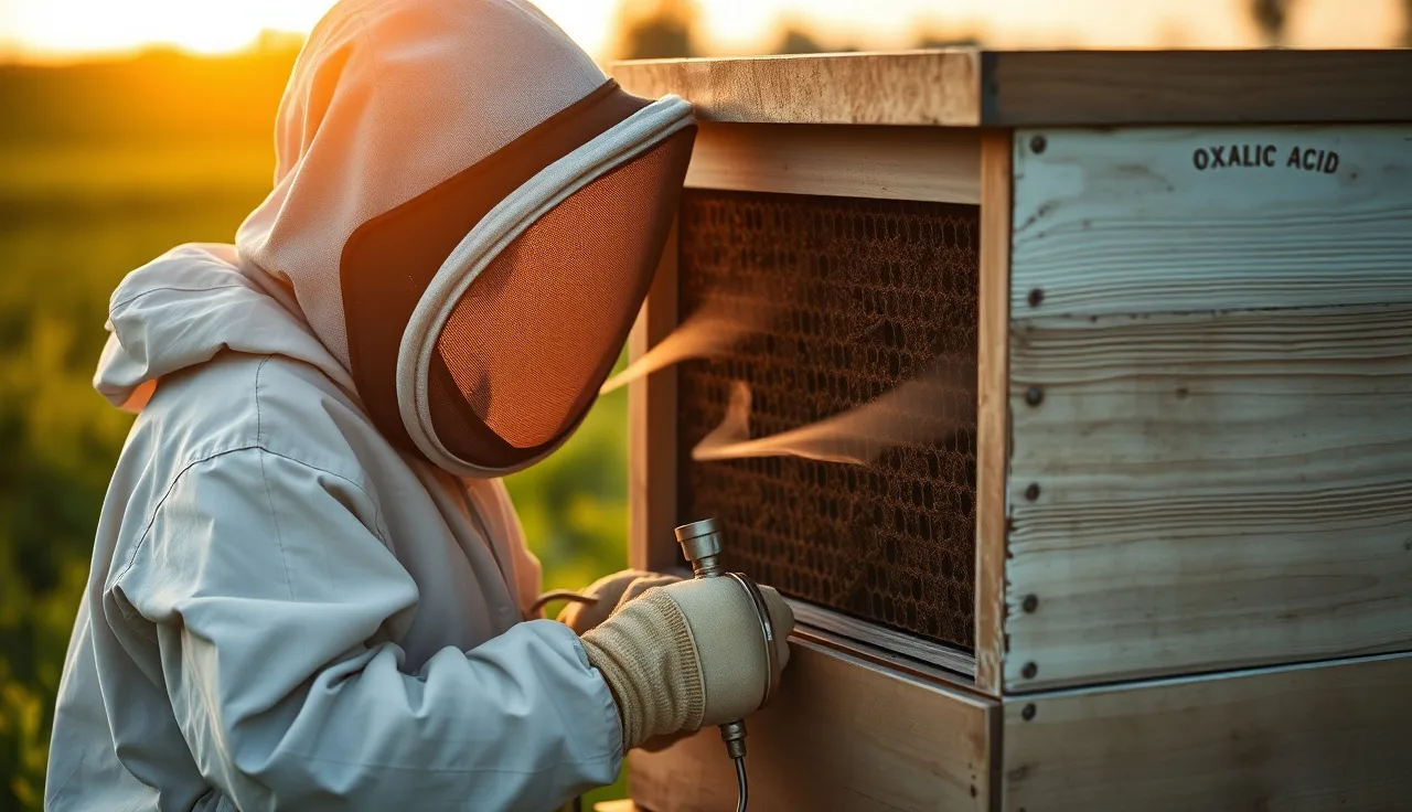 Beekeeper using an oxalic acid vaporizer at a wooden beehive at dusk