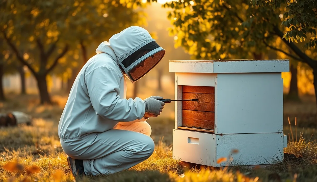 Beekeeper applying oxalic acid vaporizer to hive entrance for varroa mite treatment