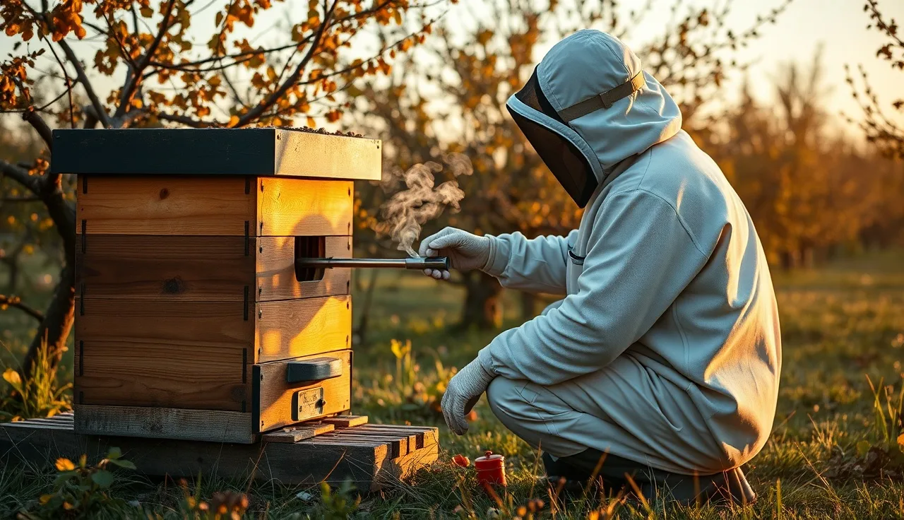 Beekeeper inserting oxalic acid vaporizer wand into sealed hive at dusk