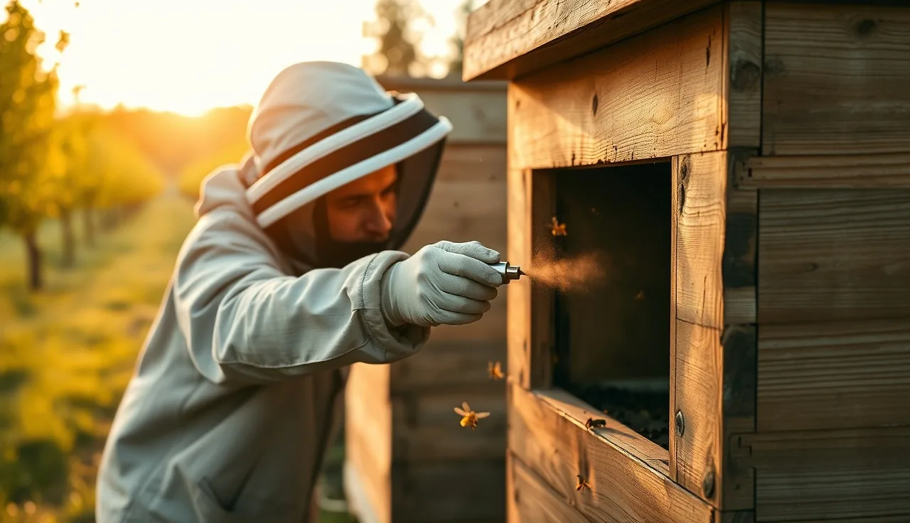 Beekeeper using a hive fogger at a wooden beehive entrance at dusk