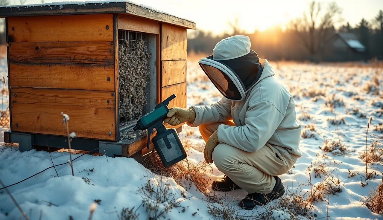Beekeeper vaporizing oxalic acid into a Langstroth hive in winter in New York