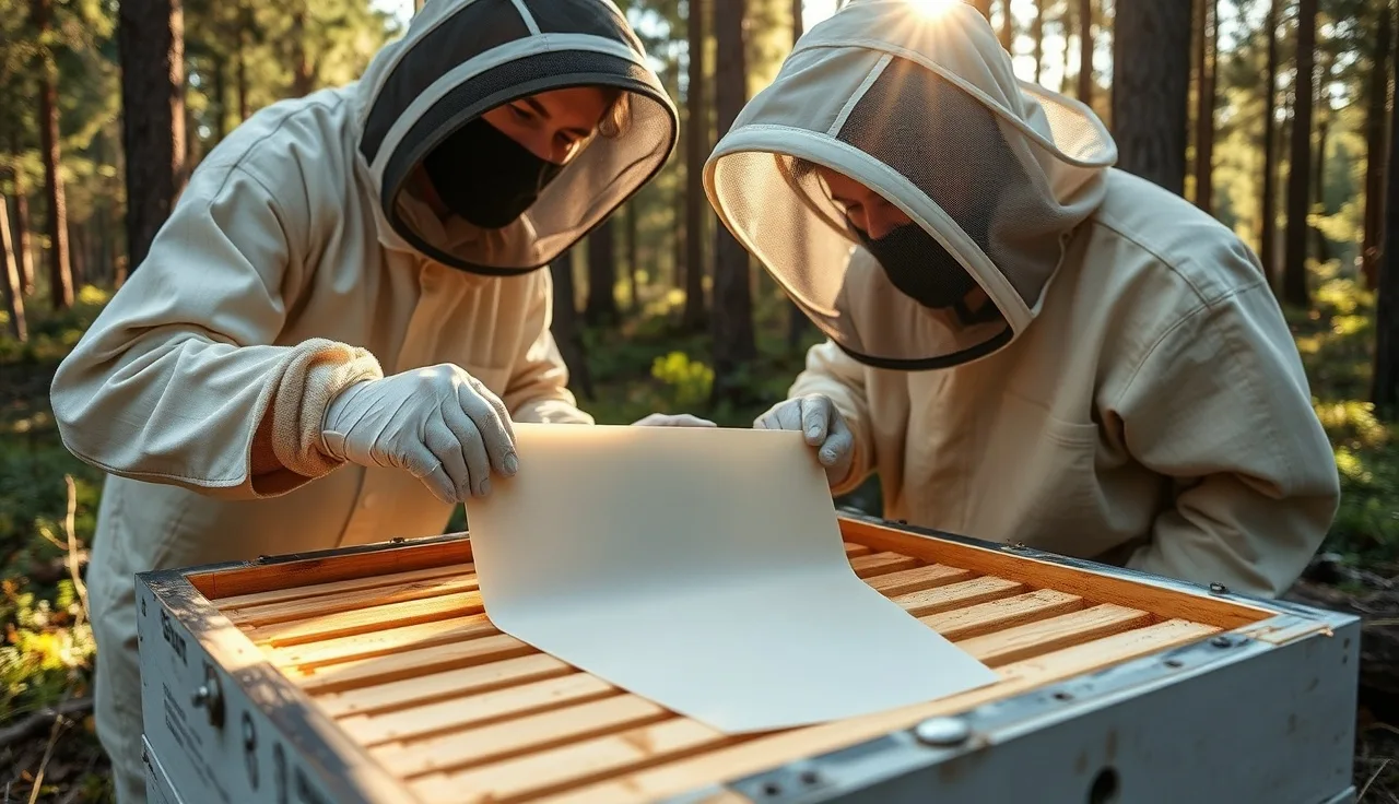 Beekeeper applying formic acid strips to brood frames inside an open hive