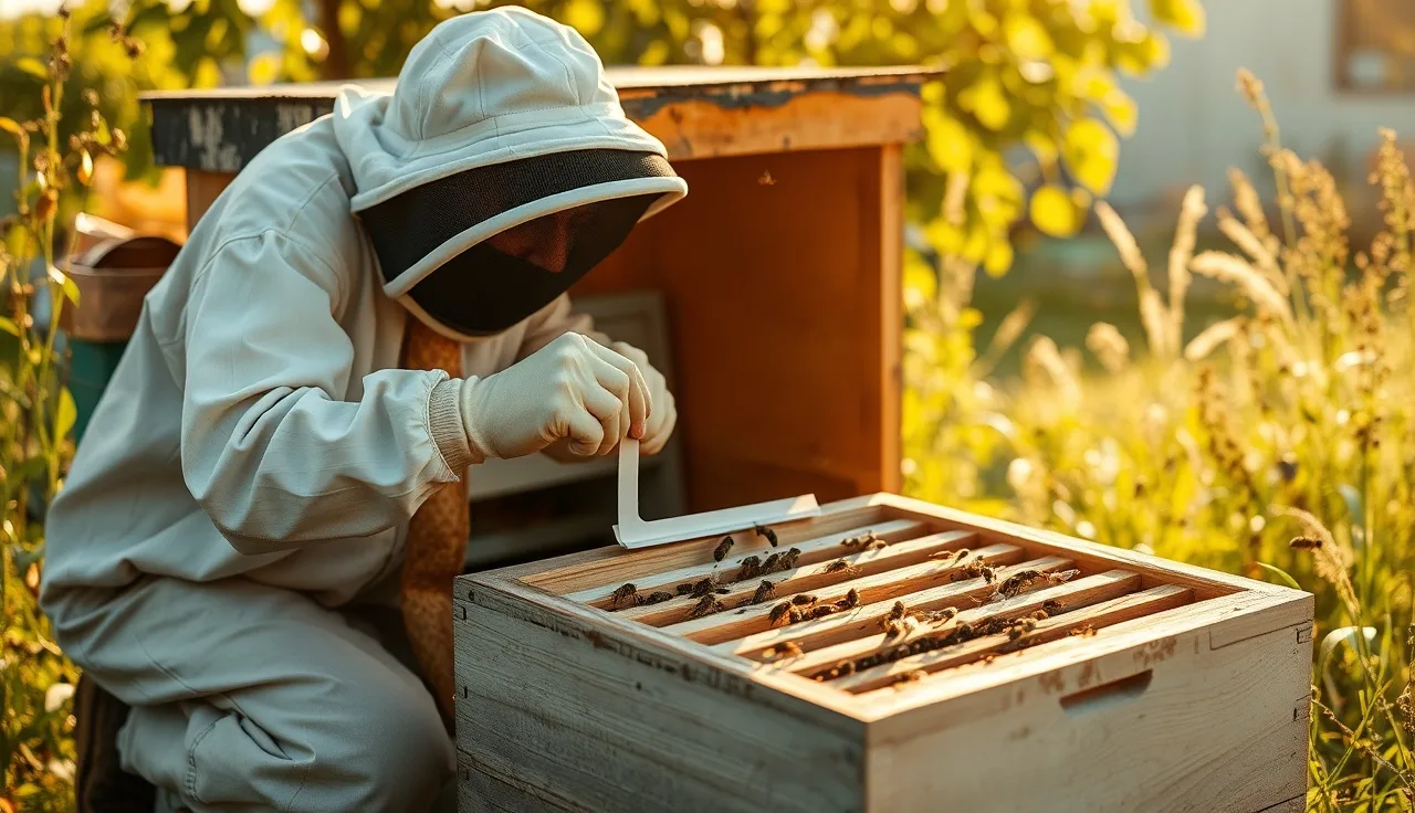 Beekeeper placing formic acid treatment strip on Langstroth hive top bars