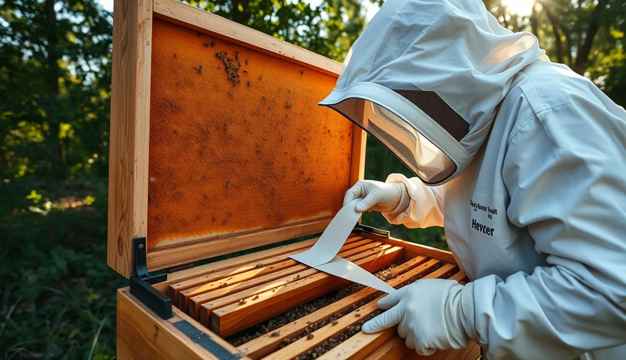 Beekeeper placing a formic acid treatment strip on hive top bars