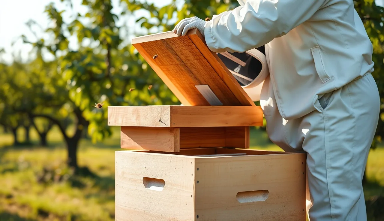 Beekeeper propping hive cover open for formic acid ventilation during treatment