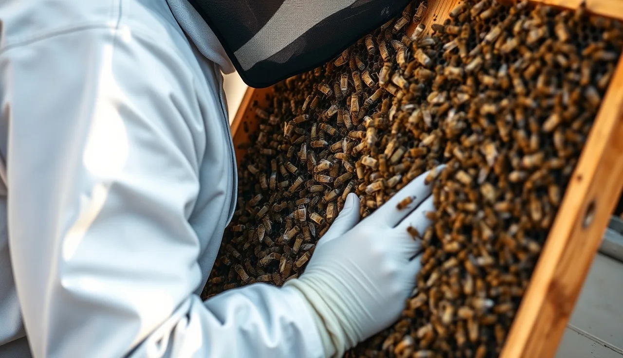 Beekeeper inspecting frame with pale and discolored honey bees after formic acid varroa treatment