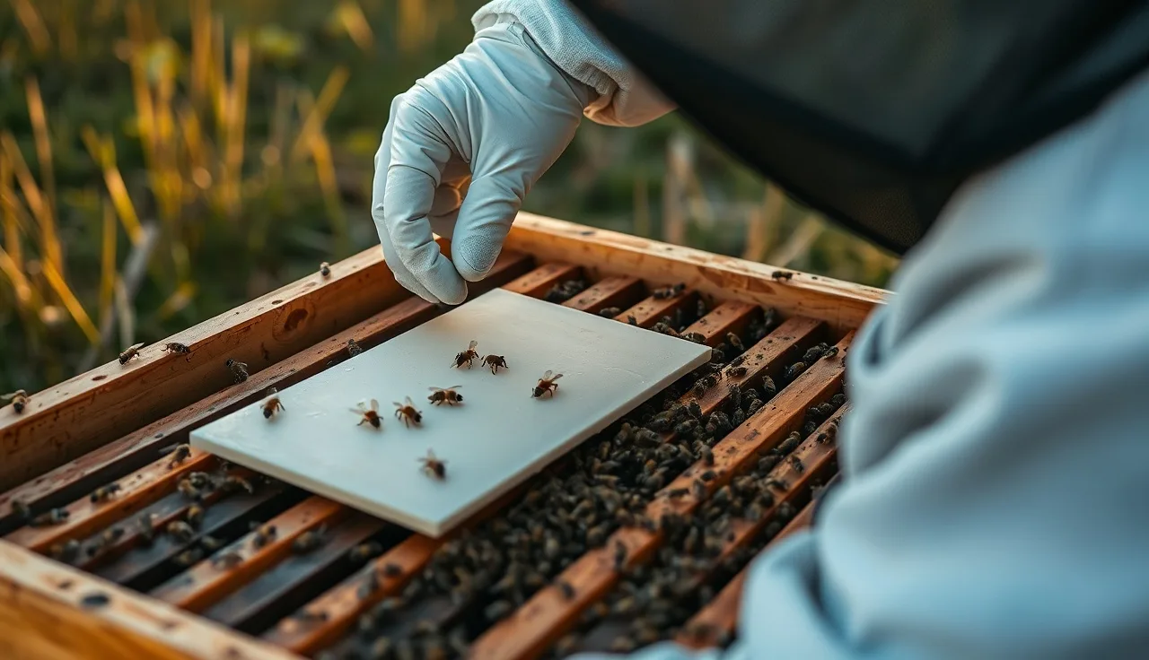 Beekeeper placing formic acid treatment pad on hive top bars in apiary