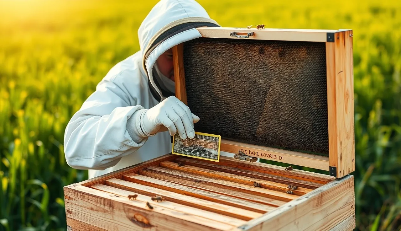 Beekeeper placing a formic acid strip on hive top bars during summer treatment