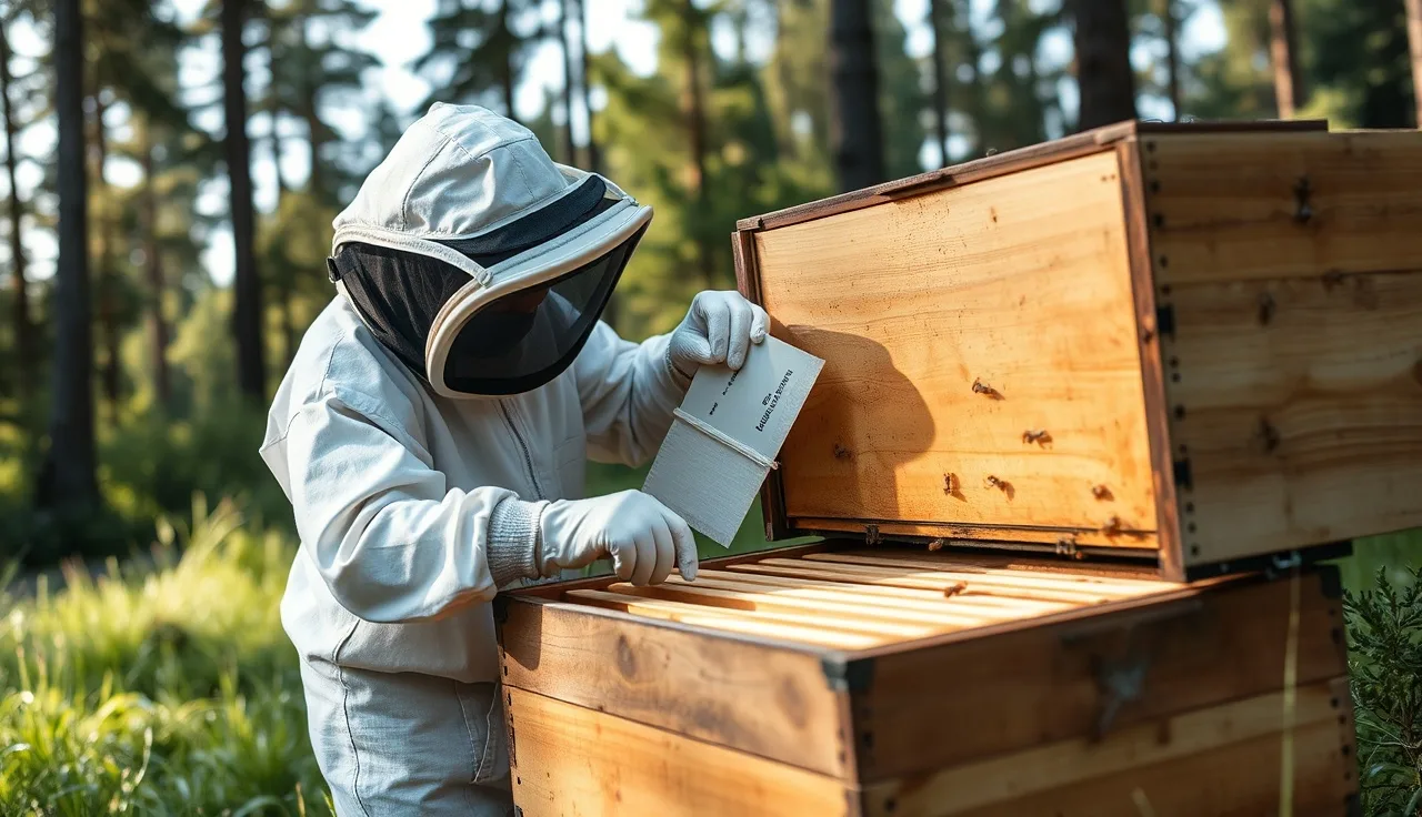 Beekeeper applying formic acid treatment pads to open beehive frames outdoors