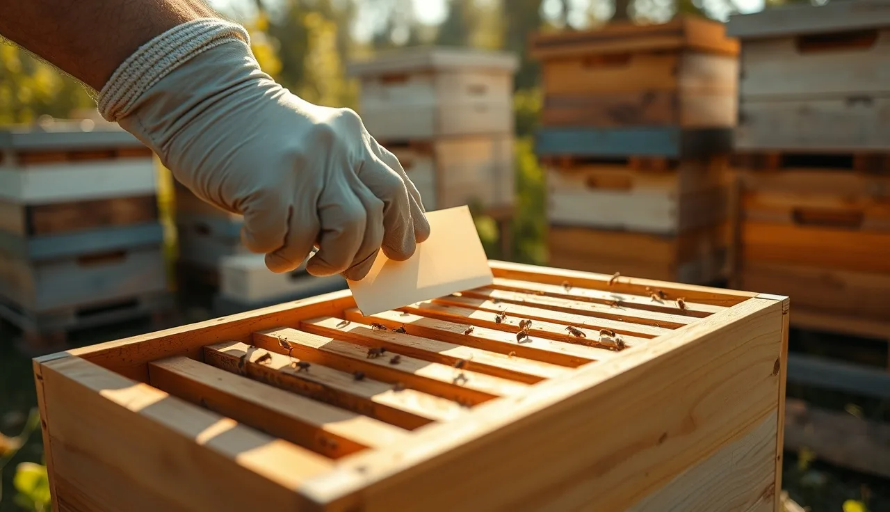 Beekeeper placing a formic acid treatment strip on hive top bars outdoors