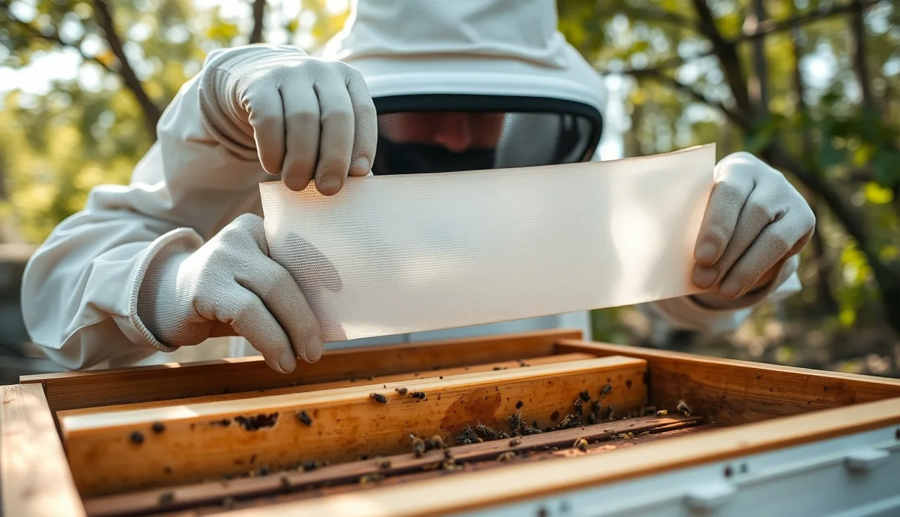 Beekeeper placing formic acid treatment strip onto hive frames in morning light
